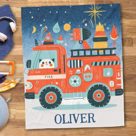 Cute brandweerauto met een kat 's nachts fleece deken