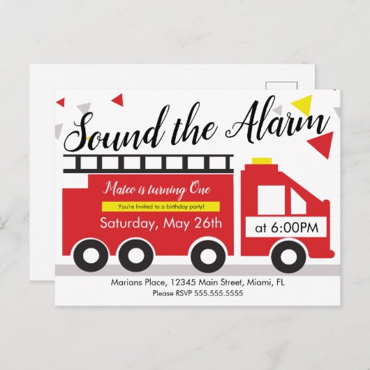 Cute brandweerauto voertuig confetti 1e verjaardag briefkaart (Voorkant / Achterkant)