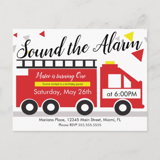Cute brandweerauto voertuig confetti 1e verjaardag briefkaart (Voorkant)