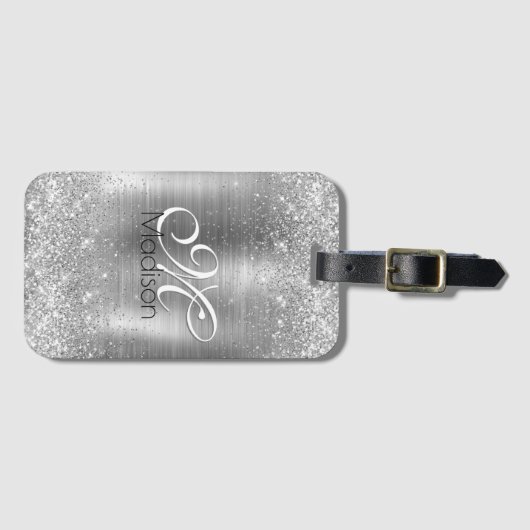Cute brded metal Silver Faux monogram Bagagelabel (Voorkant (horizontaal))