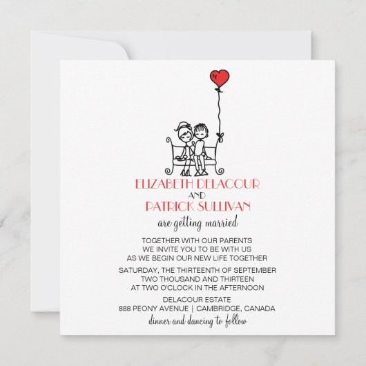 Cute Bride and Groom Doodles Wedding Invitation Kaart (Achterkant)