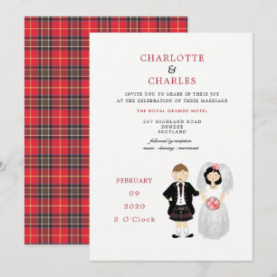 Cute Bride and Groom Scottish Tartan Wedding Theme Kaart