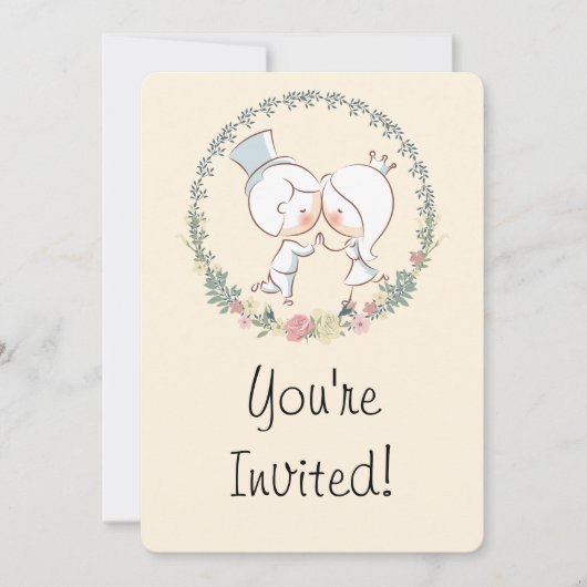 Cute Bride & Groom Floral Wedding Invites Kaart (Voorkant)