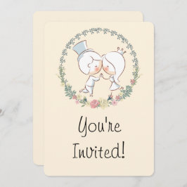 Cute Bride & Groom Floral Wedding Invites Kaart