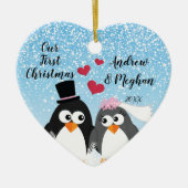 Cute Bride Groom Penguins Ons eerste kerstfeest Keramisch Ornament (Voorkant)
