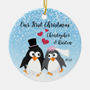 Cute Bride & Groom Penguins Ons eerste kerstfeest Keramisch Ornament