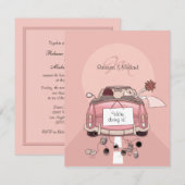 Cute Bride & Groom Pink Getaway Car Invitation Kaart (Voorkant / Achterkant)