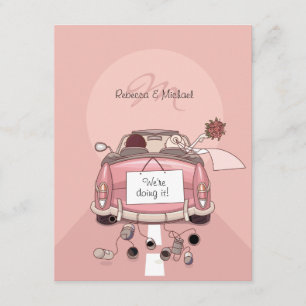 Cute Bride & Groom Pink Getaway Car Invitation Kaart