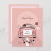 Cute Bride & Groom Pink Getaway Car Invitation Kaart (Voorkant / Achterkant)