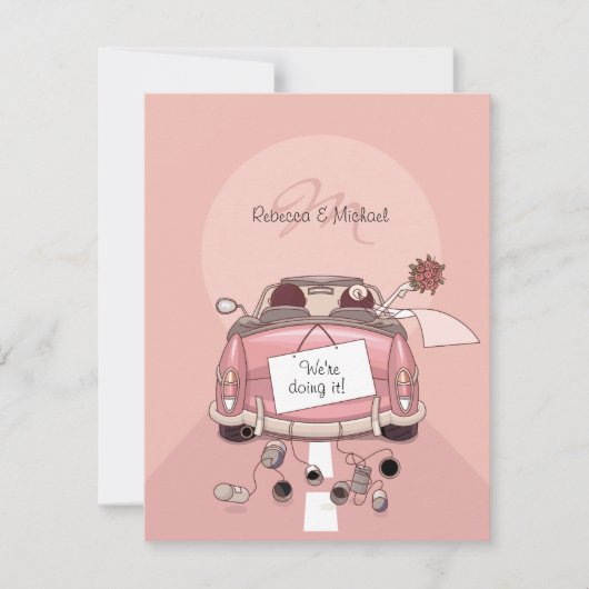 Cute Bride & Groom Pink Getaway Car Kaart (Voorkant)