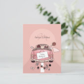 Cute Bride & Groom Pink Getaway Car Kaart (Staand voorkant)