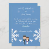 Cute Bride & Groom Snowflakes Blue Winter Wedding Kaart (Voorkant / Achterkant)