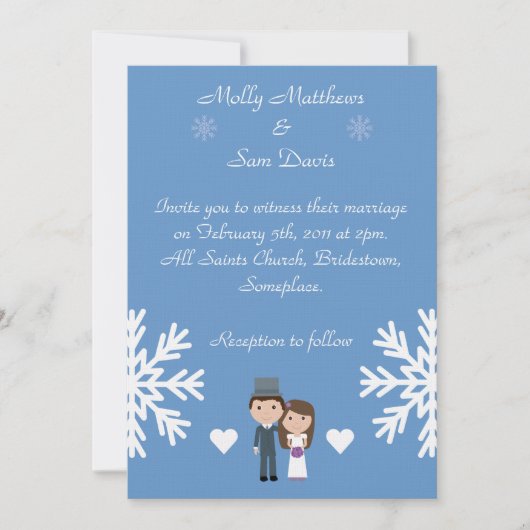 Cute Bride & Groom Snowflakes Blue Winter Wedding Kaart (Voorkant)