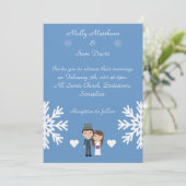 Cute Bride & Groom Snowflakes Blue Winter Wedding Kaart (Staand voorkant)