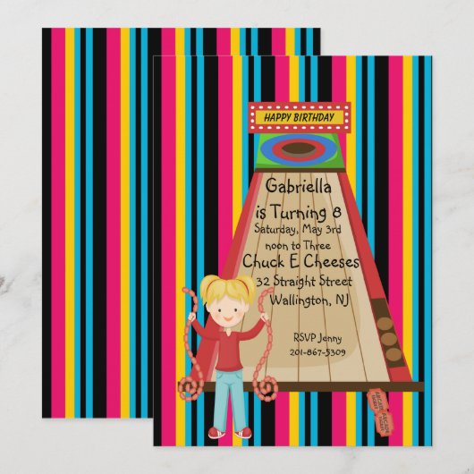 Cute, Bright en Striped Girls Arcade Invitation Kaart (Voorkant / Achterkant)