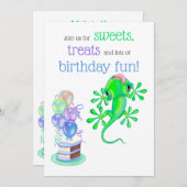 Cute Bright Green Lizard Birthday Party Kaart (Voorkant / Achterkant)