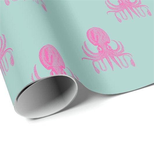 Cute Bright roze en Aqua Blue Octopus Pattern Cadeaupapier (Rol Hoek)