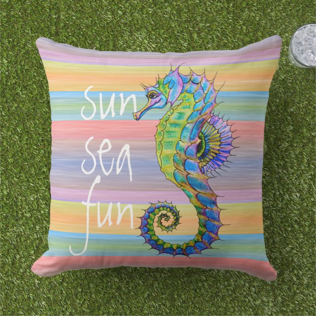 Cute Bright Summer Colors Artsy Seahorse Buitenkussen (Gras)