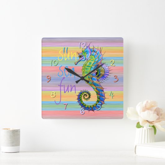 Cute Bright Sunset Colors Artsy Seahorse Vierkante Klok (Huis)
