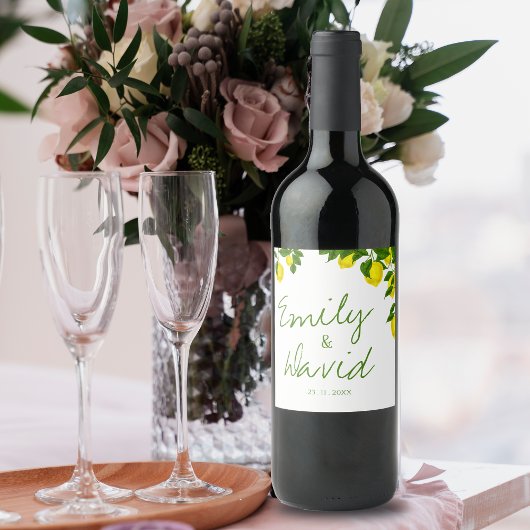 Cute Bright Yellow Lemon Elegant Citrus Wedding Wijn Etiket