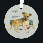 Cute Brindle Dog Enjoing Wine Painting Ornament<br><div class="desc">Dit is een schilderij van een waterverf van een hond die zich neerlegt tegen een luxueus uitziend kussen met tassels. Ze heeft een glas rode wijn in haar poot.</div>