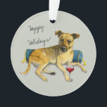 Cute Brindle Dog Enjoing Wine Painting Ornament<br><div class="desc">Dit is een schilderij van een waterverf van een hond die zich neerlegt tegen een luxueus uitziend kussen met tassels. Ze heeft een glas rode wijn in haar poot.</div>