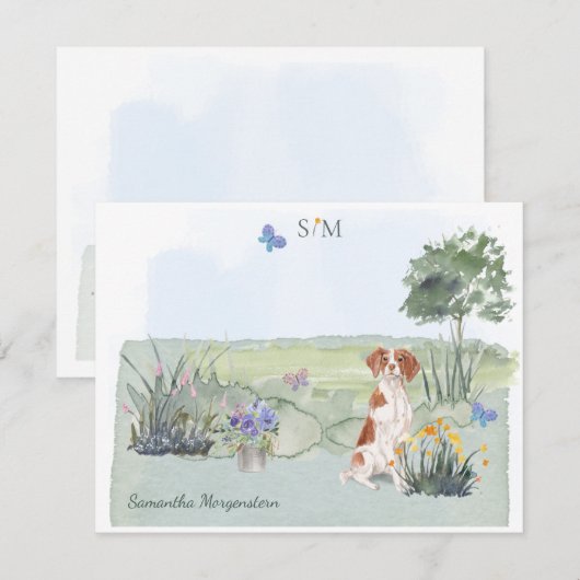 Cute Brittany Spaniel Dog Butterfly Monogram Name  Notitiekaartje (Voorkant / Achterkant)