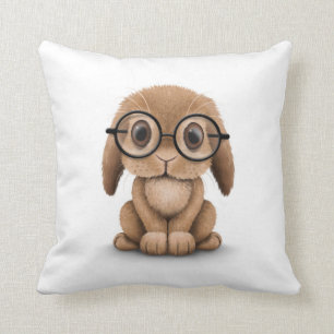 Cute Brown Baby Bunny Wearing Glasses on White Kussen