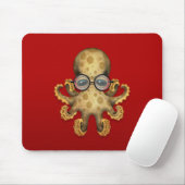 Cute Brown Baby Octopus Wearing Glasses on Red Muismat (Met muis)