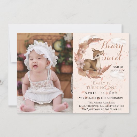 Cute Brown Bambi Flowers Clouds 1e verjaardag Kaart (Voorkant)