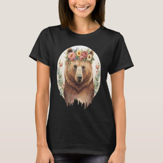Cute Brown Bear Grizzly Flower Crown Animal T-shirt