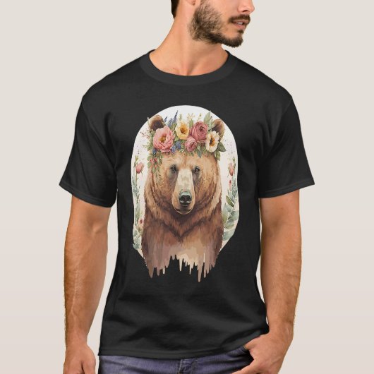 Cute Brown Bear Grizzly Flower Crown Animal T-shirt (Voorkant)