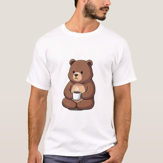 Cute Brown Bear Sitting with a Steaming Coffee Mug T-shirt (Voorkant)