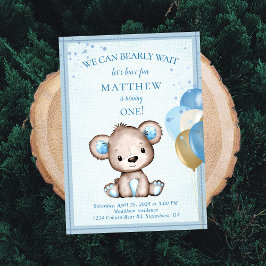 Cute Brown Beer for Boy First Birthday Invitation Kaart