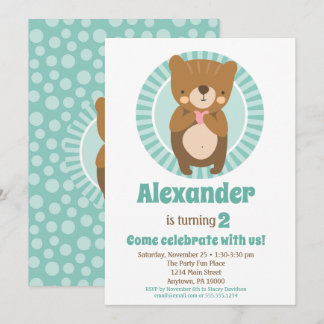 Cute Brown Beer Heart Birthday Invitation Boy Girl Kaart