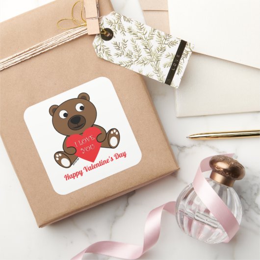 Cute Brown Beer Heart I love You Valentijnsdag Vierkante Sticker (Geschenken)