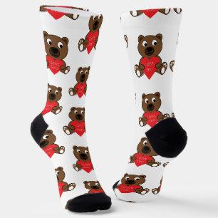 Cute Brown Beer Heart Love Valentijn Patroon White Sokken