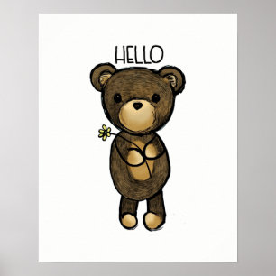 Cute Brown Beer met een gele bloem Poster