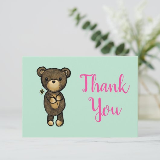 Cute Brown Beer met gele bloem Dank u Bedankkaart (Staand voorkant)