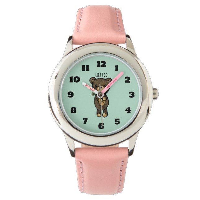 Cute Brown Beer met gele bloem Horloge (Voorkant)