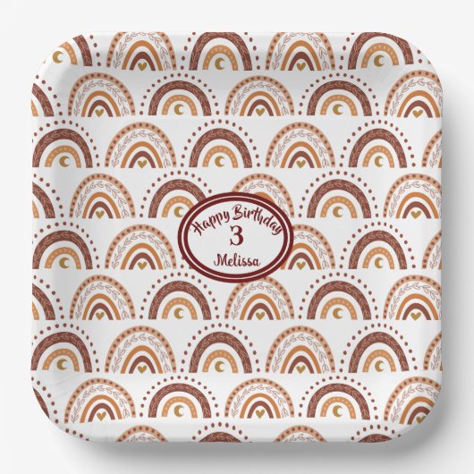 Cute Brown Boho Rainbow Whimsical Pattern Papieren Bordje (Voorkant)