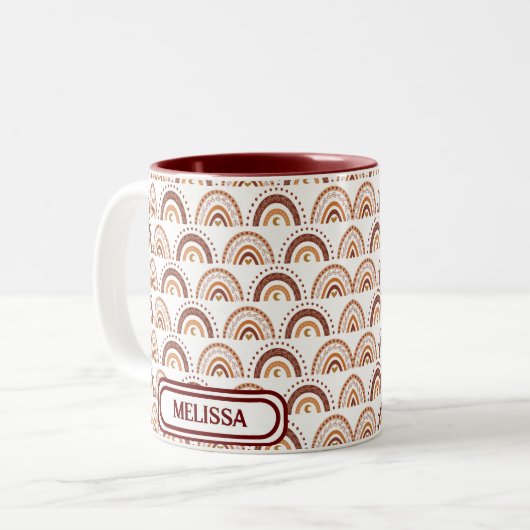 Cute Brown Boho Rainbow Whimsical Pattern Tweekleurige Koffiemok (Voorkant links)