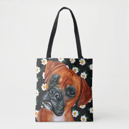 Cute Brown Boxer Dog Daisy Flower Pattern Tote Bag