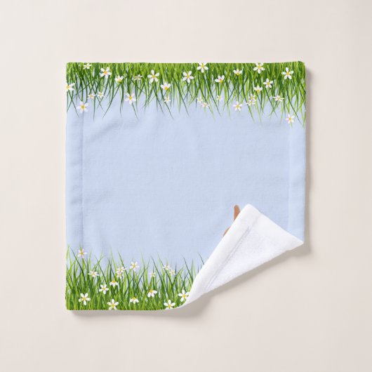 Cute Brown Bunny & Flowers on Light Blue Bad Handdoek (Wasdoekje)