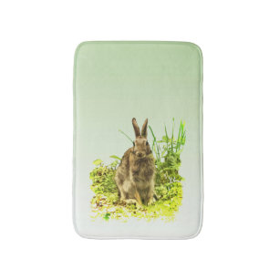 Cute Brown Bunny Rabbit Green Grass Bathmat Badmat