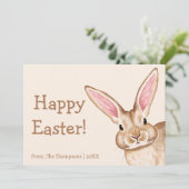 Cute Brown Bunny With Big Ears Beige Happy Easter Kaart (Staand voorkant)
