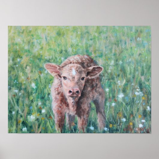 Cute Brown Calf in Flowers Fine Art Print (Voorkant)
