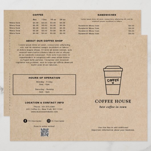 Cute Brown Coffee Cup Coffee Shop Menu (Voorkant / Achterkant)