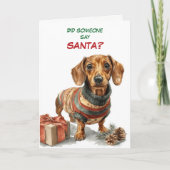 Cute Brown Dachshund Dog Looks for Santa Feestdagen Kaart (Voorkant)