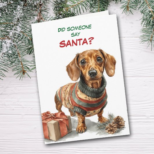 Cute Brown Dachshund Dog Looks for Santa Feestdagen Kaart